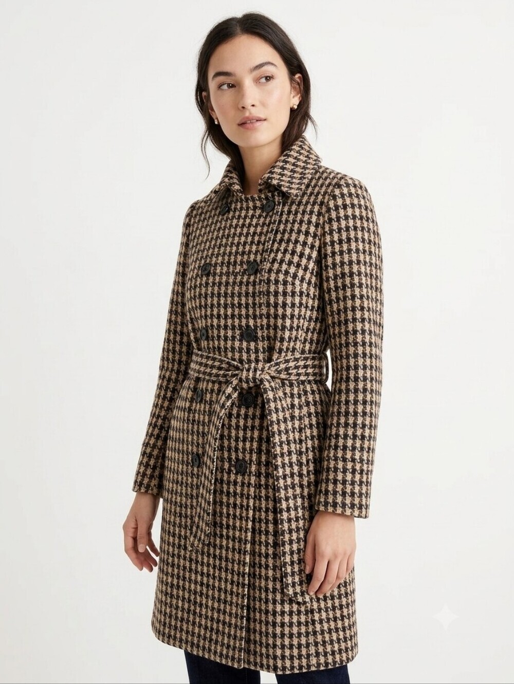 J. Crew Vintage 2005 Houndstooth Wool Double Breasted Belted Coat Brown Cream 8